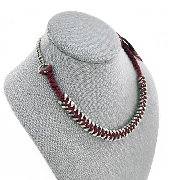 Giles and Brother Tiny Hex Braided Choker Necklace Burgundy Silver Tone - Picture 2 of 5